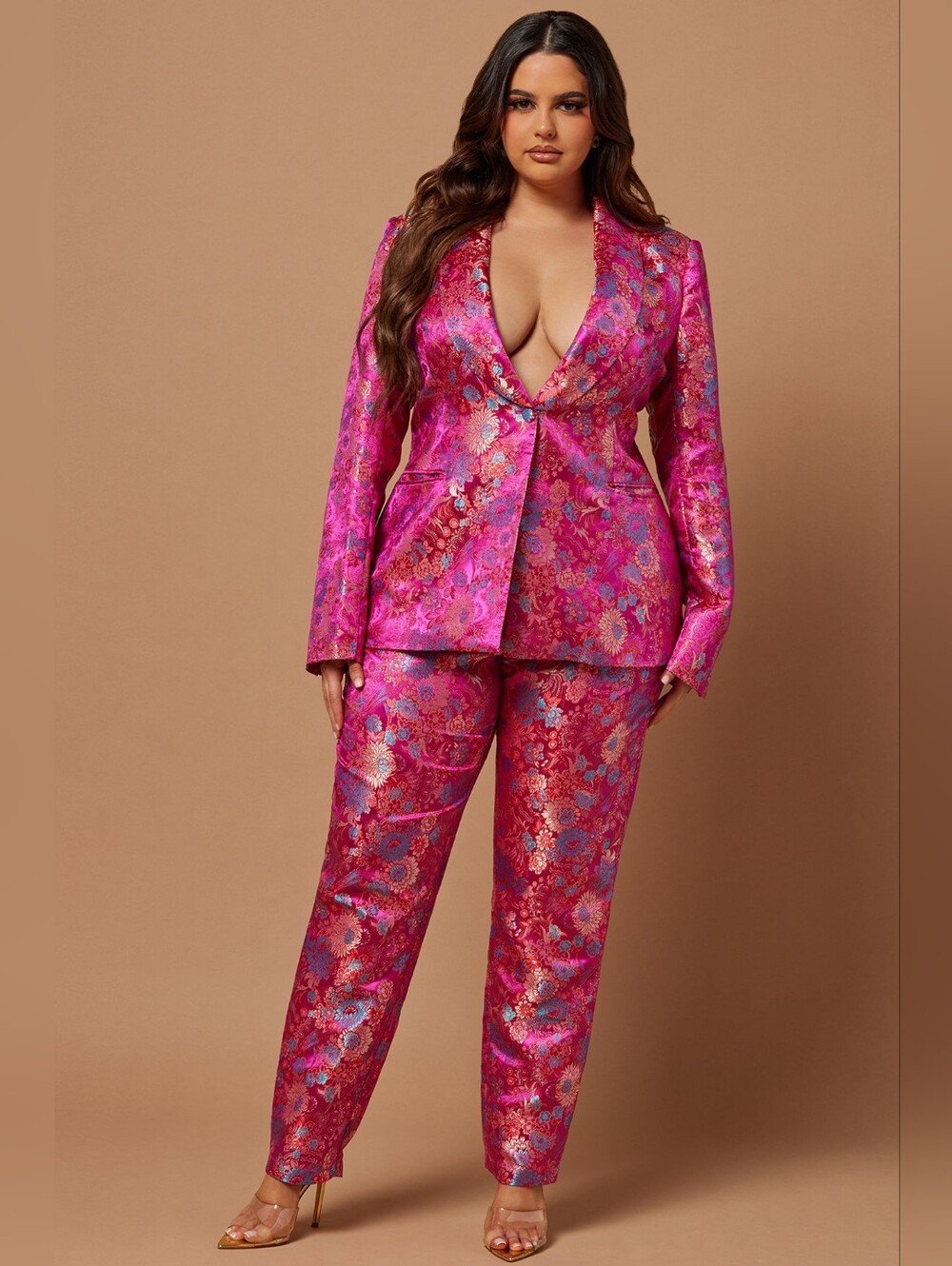 Nova LUXE Pink Floral Brocade Tailored suit Set - Picture 5 of 7